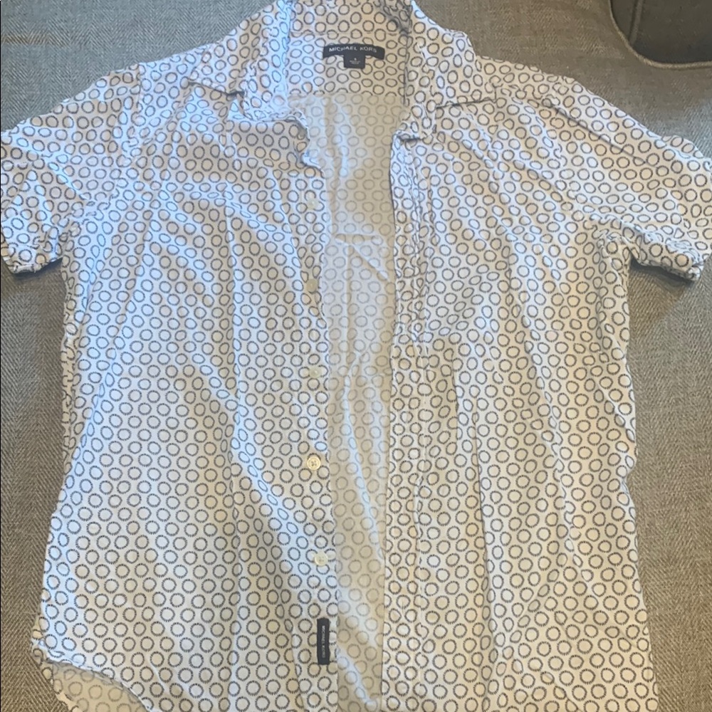 Michael Kors Blue and White Casual Button Down Shirt with Geometric Pattern